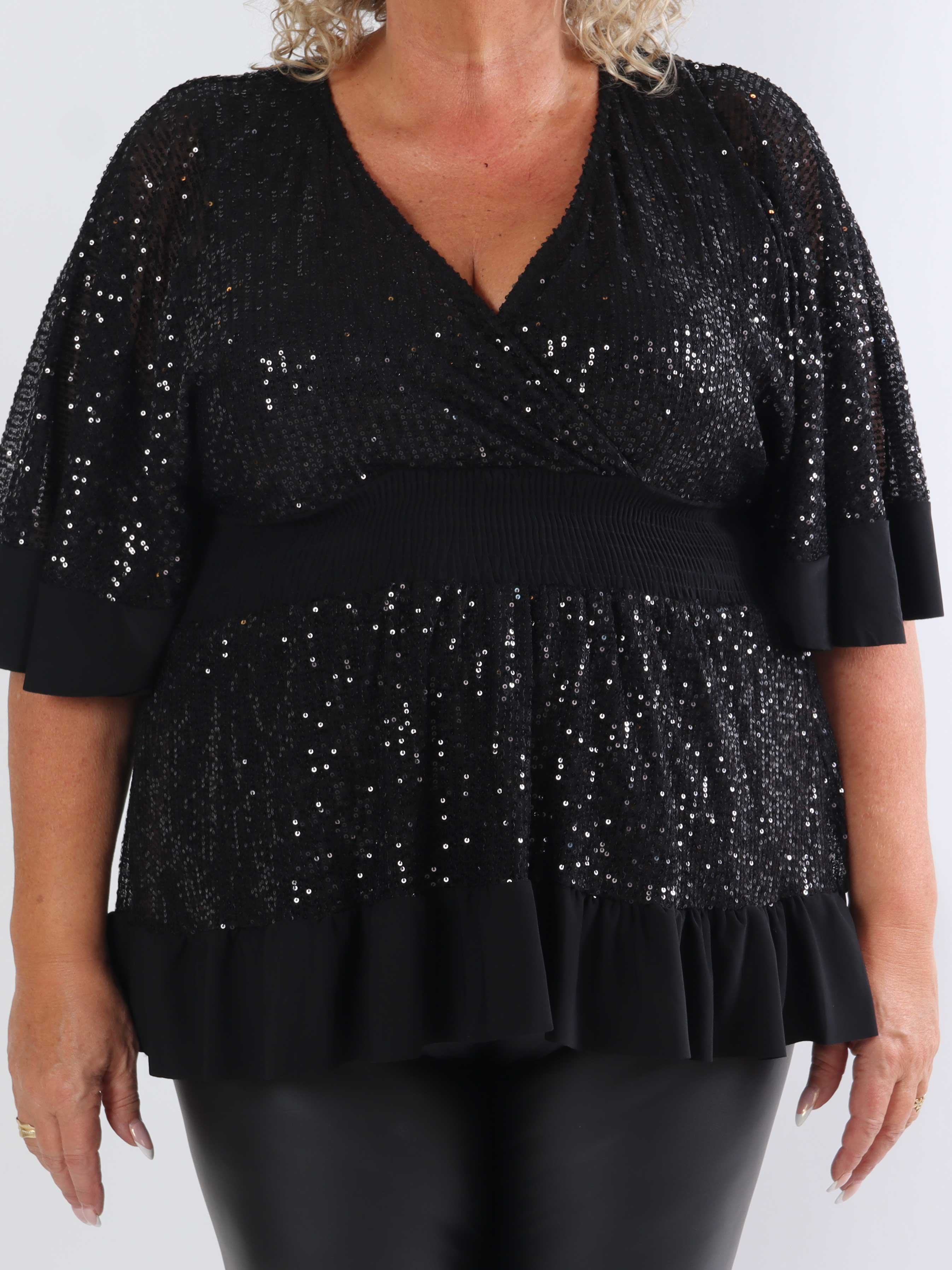 Pamela Glitter Shirt - Plus size paljett-tunika med smock och volanger